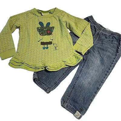 Naartjie Toddler Girl Size 18-24 Months Outfit Green Bunny Sweatshirt  Jeans • $25