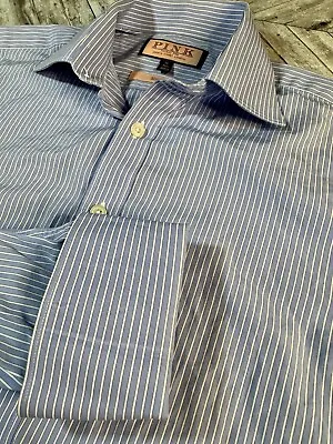 Thomas Pink Dress Shirt Mens 15 Long Sleeve Blue Striped Button Up French Cuff • $17.98