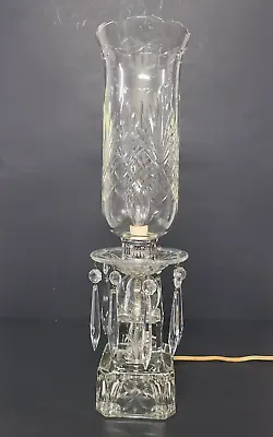 Vintage Etched Crystal Glass Hurricane Table/Boudoir Lamp W/Icicle Prisms WORKS • $55