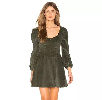 MAJORELLE Alessandra Mini Dress Olive Green Women Size M A-line Bishop Sleeves • $44.50