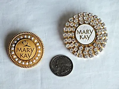 2 MARY KAY Award Consutant PEARL 3 Row RHINESTONE PINS BROOCH Vintage 1.5 -2  • $24