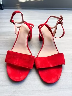 J Crew Strappy Block Heels Red Suede Sandals Women's Red Size 12 EUC • $60