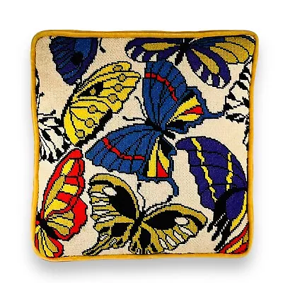Vtg Butterfly Needlepoint Throw Pillow Gold Velvet Back Butterflies 70s Decor • $24.99