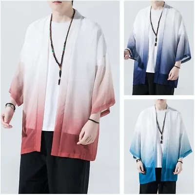 Mesh Mens Kimono Jacket Coat Chiffon Cardigan Gradient Color Yukata Casual Blue • $19.94