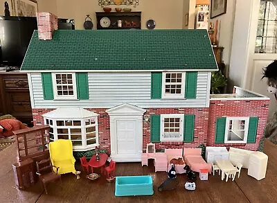 Vintage MARX Tin Litho 2 Story Colonial Doll House Furniture Miniatures Pewter • $124.49