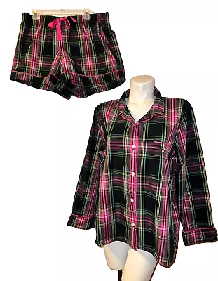 J. CREW Women's Size XL Pink Black Plaid LS Button Top & Shorts Pajamas PJs • $22.49