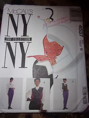 Vtg MCCALLS PATTERN 4537 Vest Shirt Ascot Pants NY NY Collection Size 16 Uncut • $9.99