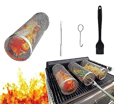 Rolling Grilling Basket Stainless Steel BBQ Wire Mesh Cylinder Grill Baskets ... • $33.75