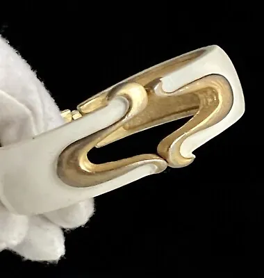 Vintage White Enamel Gold Tone Swirl Hinged Bangle Ladies Bracelet Heavy 60.5g • $42
