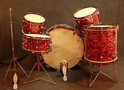 Slingerland*RED MARINE PEARL*28131416 Drum Set+Radio King Snare WW2 Wood Hoop • $23500