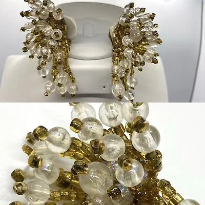 Vtg Gold Tone Bead Cluster Dangle Earrings 80s Yellow Clear Iridescent White • $25