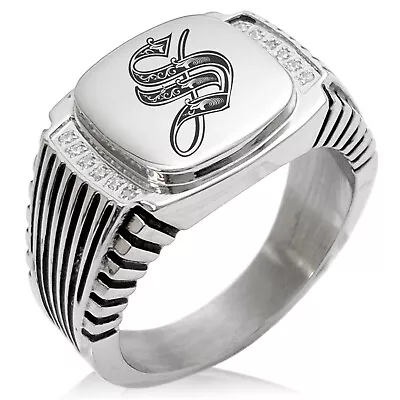 Stainless Steel Mens Royal Monogram Initial CZ Striped Biker Style Signet Ring • $15