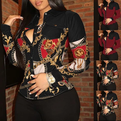 £2.59 • Buy Women Chain Print V Neck Shirt Long Sleeve Button Up Blouse Casual Work OL Tops