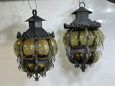 2 Green Chandelier Murano Pendant Bubbled Glass Lamp Caged Tea Light Swag Lamps • $100
