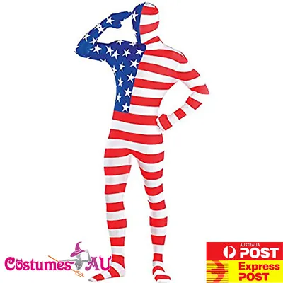 Mens American Flag Partysuit Costume USA Spandex Body Suit Second Skin Party • £14.88