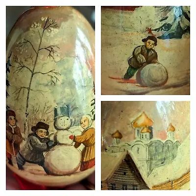 Vintage Russian Hand Painted Wood Lacquer Decorative Egg Snow Snowman Art Scene • $13