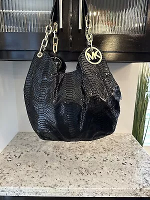 Michael Kors Black Python Leather Shoulder Bag Purse Gold Chain Strap. Used 1x! • $69.99