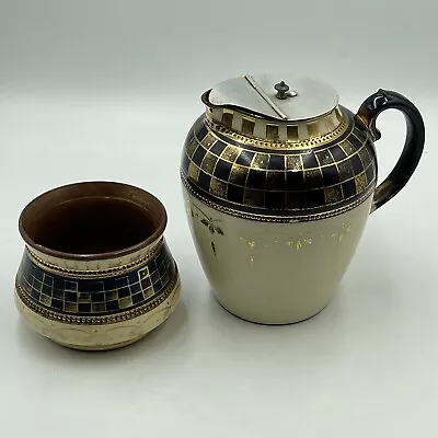 Sadler Art Deco Design Milk Jug & Sugar Bowl Antique Red Clay In Navy Cream Gold • £24.95