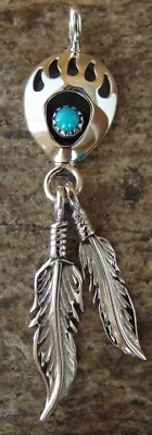 Navajo Indian Jewelry Sterling Silver Turquoise Bear Paw Feather Pendant • £19.28