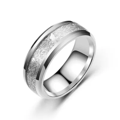 Men's Ring Meteorite Inlay Titanium Steel Wedding Fashion Band 8mm Silver • £3.99