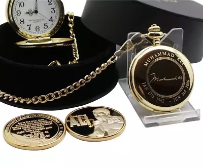 SIGNED MUHAMMAD ALI Personalised Gold Pocket Watch Boxing Gold Coin Sports Gift • $43.50