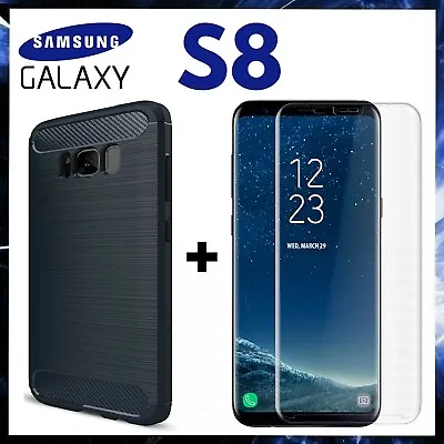 For Samsung Galaxy S8 Cover Slim Blue Carbon Shockproof + Film Tempered Glass • £4.87