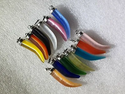 10 CATS EYE Gemstone 32mm Lampwork Glass Horn Tusk Tooth Pendant Jewellery Lot • £6