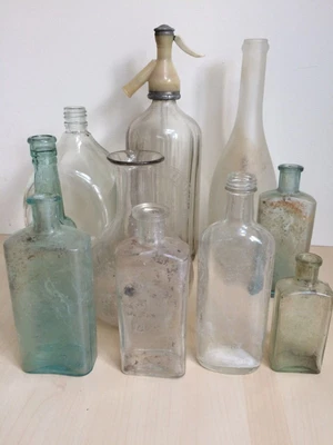 £4 • Buy Collection Of Vintage Glass Bottles Incl Schweppes Soda Siphon, Medicine Bottles