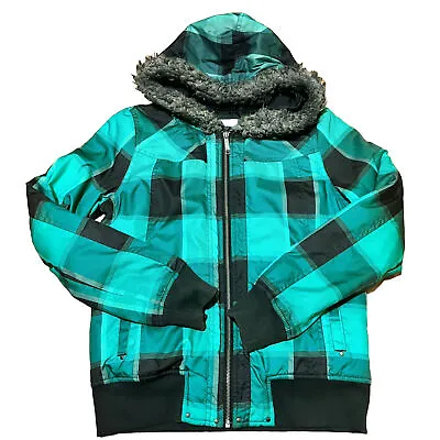 ONEILL Full Zip Winter Hoodie Jacket Green Men’s Size Medium Fur Checkered • $19.99