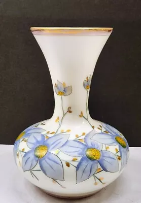 Hand-Painted Milk Glass Vase Blue Quaker Ladies Flowers 9.75 X 7 Gold Rim Vntg • $28.50