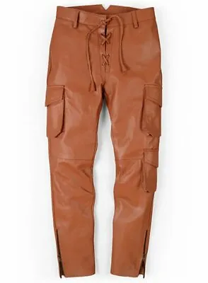 Men's Leather Pant Genuine Lambskin Brown Leather Cargo Pants  • $125.77