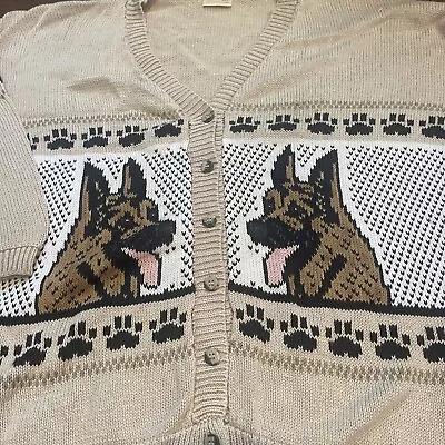 Vintage Knit In Tan Button Up German Shepherd Cardigan Sweater Dog Jacket Paw • $34.90