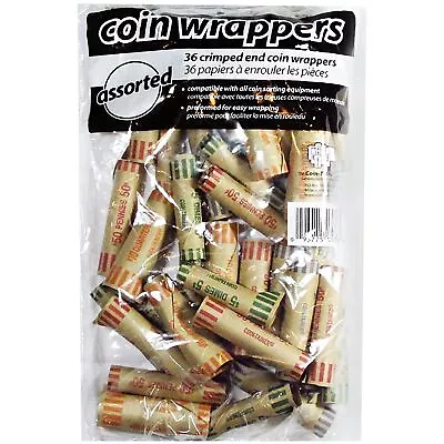 36 Assorted Coin Wrappers Preformed Rolls Paper Tubes Holds Crimped End Mixed • $7.09