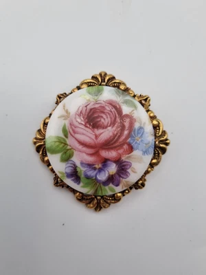 Vintage Porcelain Floral Design Cameo Style Brooch Rose Flowers Gold Tone  • £10