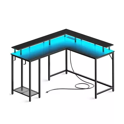 L Shaped Gaming Desk W/Power Outlets & LED Lights Office Desk W/Monitor Stand • $98.99