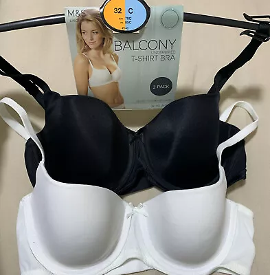 M&S 2PACK UNDERWIRED BALCONY T SHIRT BRA Set In BLACK/WHITE Size 32C • £12.99