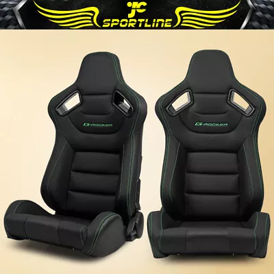 Universal Pair Reclinable Racing Seat Dual Slider Black PU Leather Green Stitch • $321.07