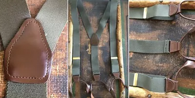 Vtg Pelican Usa Nylon Khaki Textured Nylon Suspenders Braces Brown Leather Euc • $18