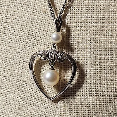 Mikimoto Vintage Sterling Silver Pearl Heart Pendant And M Marked 16' Necklace. • $150