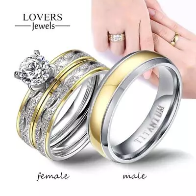 Couple Rings Exquisite Women Rhinestones Zirconia Rings Set Men Stainless Steel • $13.25