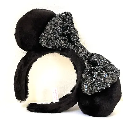 Tokyo Disney Resort Headband Sequins Ribbon Black Fuffy Ears TDL TDS Japan • £35.69