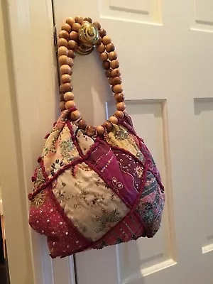 $10.99 • Buy Treesje Patchwork Beaded Sequin Handbag With Solid Wood Bead Handle