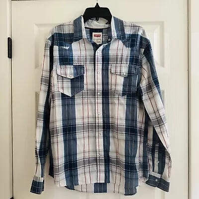 Levis Shirt Mens Large Blue Red Plaid Pearl Snap Cotton Western Rancher Outdoor • $14