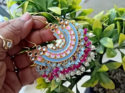 Bollywood Style Enameled Indian Bali Hoop Earrings Minakari Kundan Jewelry Set • $29.99