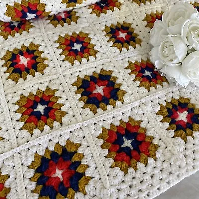 Vintage Red White Blue Gold Handmade Granny Square Heavy Afghan • $29.99