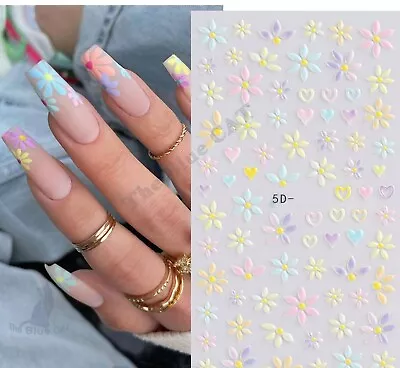 5D Nail Stickers Embossed Daisy Flower Self Adhesive Nail Art Decoration • £2.45