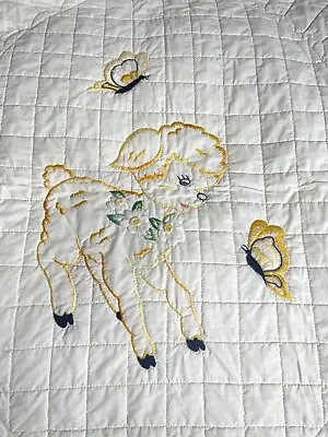 Vtg Hand Embroidered Crib Blanket Handmade Handstitched Baby Keepsake Butterfly • $29.99