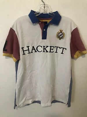 Mens Hackett London Polo T-Shirt Big Logo Size Medium White Colorblock • $19.99