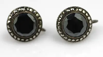 Vintage Art Deco Sterling Silver Marcasite & Hematite Screw Back Earrings • $9.50