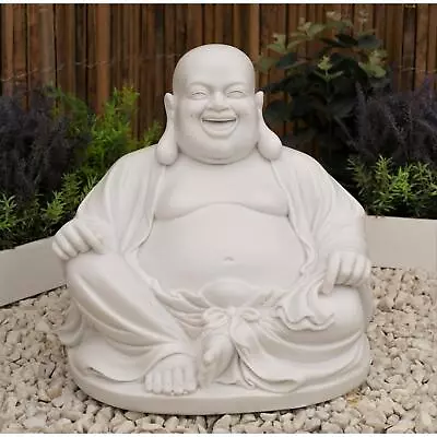 Dinova Laughing Buddha White Polymarble Garden Statue Ornament Sculpture • £164.99